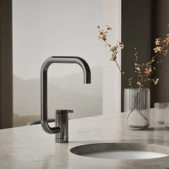 Single-handle bar sink faucet with two-function extended-reach spout