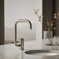 Single-handle bar sink faucet with two-function extended-reach spout