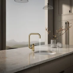 Single-handle bar sink faucet with two-function extended-reach spout