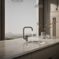 Single-handle bar sink faucet with two-function extended-reach spout