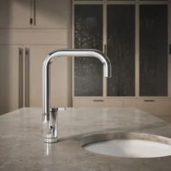 Single-handle bar sink faucet with two-function extended-reach spout