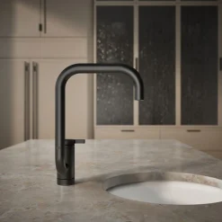 Single-handle bar sink faucet with two-function extended-reach spout