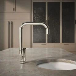 Single-handle bar sink faucet with two-function extended-reach spout