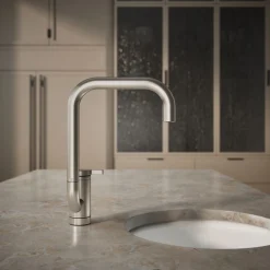 Single-handle bar sink faucet with two-function extended-reach spout