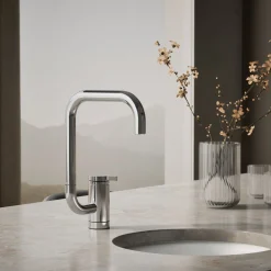 Single-handle bar sink faucet with two-function extended-reach spout