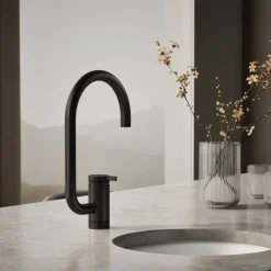 Single-handle bar sink faucet with two-function extended-reach spout