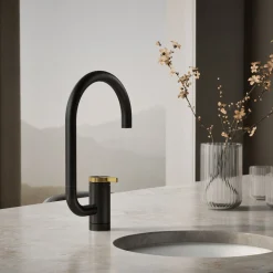 Single-handle bar sink faucet with two-function extended-reach spout