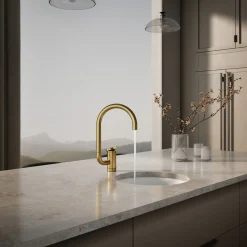 Single-handle bar sink faucet with two-function extended-reach spout