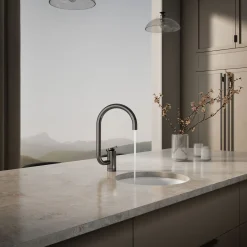 Single-handle bar sink faucet with two-function extended-reach spout