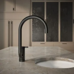 Single-handle bar sink faucet with two-function extended-reach spout