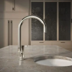 Single-handle bar sink faucet with two-function extended-reach spout