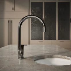 Single-handle bar sink faucet with two-function extended-reach spout