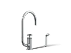 Single-handle bar sink faucet with two-function extended-reach spout and side sprayer
