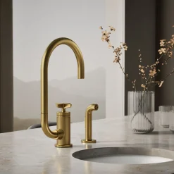 Single-handle bar sink faucet with two-function extended-reach spout and side sprayer