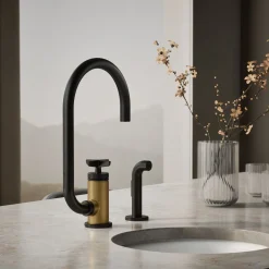 Single-handle bar sink faucet with two-function extended-reach spout and side sprayer
