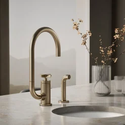 Single-handle bar sink faucet with two-function extended-reach spout and side sprayer