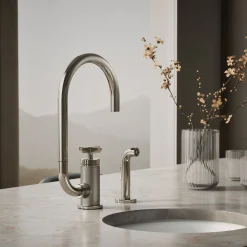 Single-handle bar sink faucet with two-function extended-reach spout and side sprayer