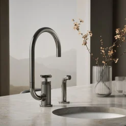 Single-handle bar sink faucet with two-function extended-reach spout and side sprayer