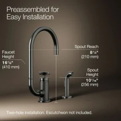 Single-handle bar sink faucet with two-function extended-reach spout and side sprayer