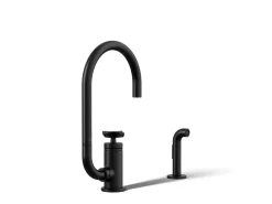 Single-handle bar sink faucet with two-function extended-reach spout and side sprayer