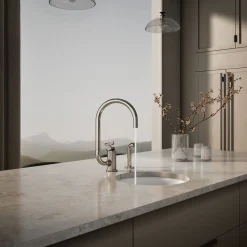 Single-handle bar sink faucet with two-function extended-reach spout and side sprayer