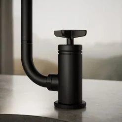 Single-handle bar sink faucet with two-function extended-reach spout and side sprayer