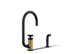 Single-handle bar sink faucet with two-function extended-reach spout and side sprayer