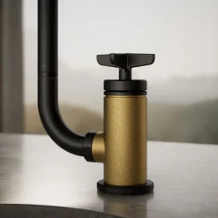 Single-handle bar sink faucet with two-function extended-reach spout and side sprayer