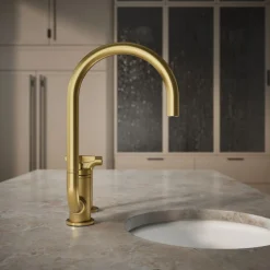 Single-handle bar sink faucet with two-function extended-reach spout and side sprayer