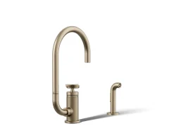 Single-handle bar sink faucet with two-function extended-reach spout and side sprayer