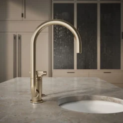Single-handle bar sink faucet with two-function extended-reach spout and side sprayer