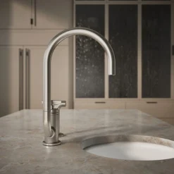 Single-handle bar sink faucet with two-function extended-reach spout and side sprayer