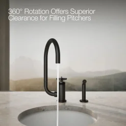 Single-handle bar sink faucet with two-function extended-reach spout and side sprayer