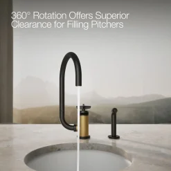 Single-handle bar sink faucet with two-function extended-reach spout and side sprayer