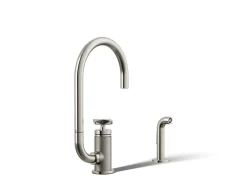 Single-handle bar sink faucet with two-function extended-reach spout and side sprayer