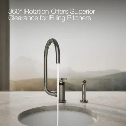 Single-handle bar sink faucet with two-function extended-reach spout and side sprayer
