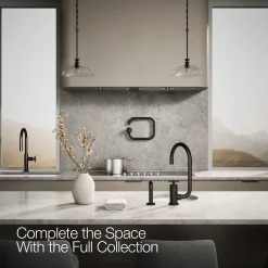 Single-handle bar sink faucet with two-function extended-reach spout and side sprayer