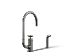 Single-handle bar sink faucet with two-function extended-reach spout and side sprayer