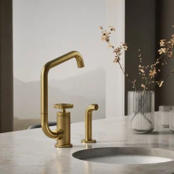 Single-handle bar sink faucet with two-function extended-reach spout and side sprayer