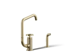 Single-handle bar sink faucet with two-function extended-reach spout and side sprayer