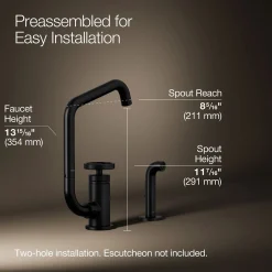 Single-handle bar sink faucet with two-function extended-reach spout and side sprayer