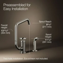 Single-handle bar sink faucet with two-function extended-reach spout and side sprayer