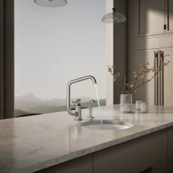 Single-handle bar sink faucet with two-function extended-reach spout and side sprayer