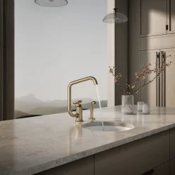 Single-handle bar sink faucet with two-function extended-reach spout and side sprayer