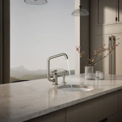 Single-handle bar sink faucet with two-function extended-reach spout and side sprayer