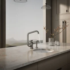 Single-handle bar sink faucet with two-function extended-reach spout and side sprayer