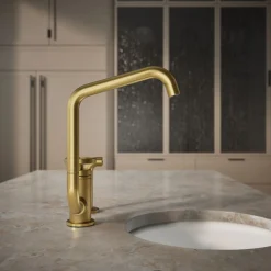 Single-handle bar sink faucet with two-function extended-reach spout and side sprayer
