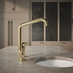 Single-handle bar sink faucet with two-function extended-reach spout and side sprayer