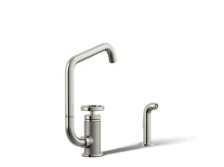 Single-handle bar sink faucet with two-function extended-reach spout and side sprayer
