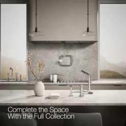 Single-handle bar sink faucet with two-function extended-reach spout and side sprayer